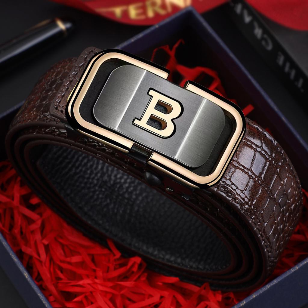 Men's Leather Belt Automatic Buckle Cattlehide Leather Fashion Business Elite Men's Pants Belt Versatile Casual Crocodile Pattern Belt