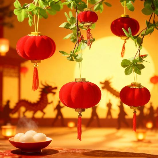 Flannel Chinese New Year Lantern Mini Red Lucky Hanging Lanterns with Tassel for Spring Festival Party Wedding Supplies