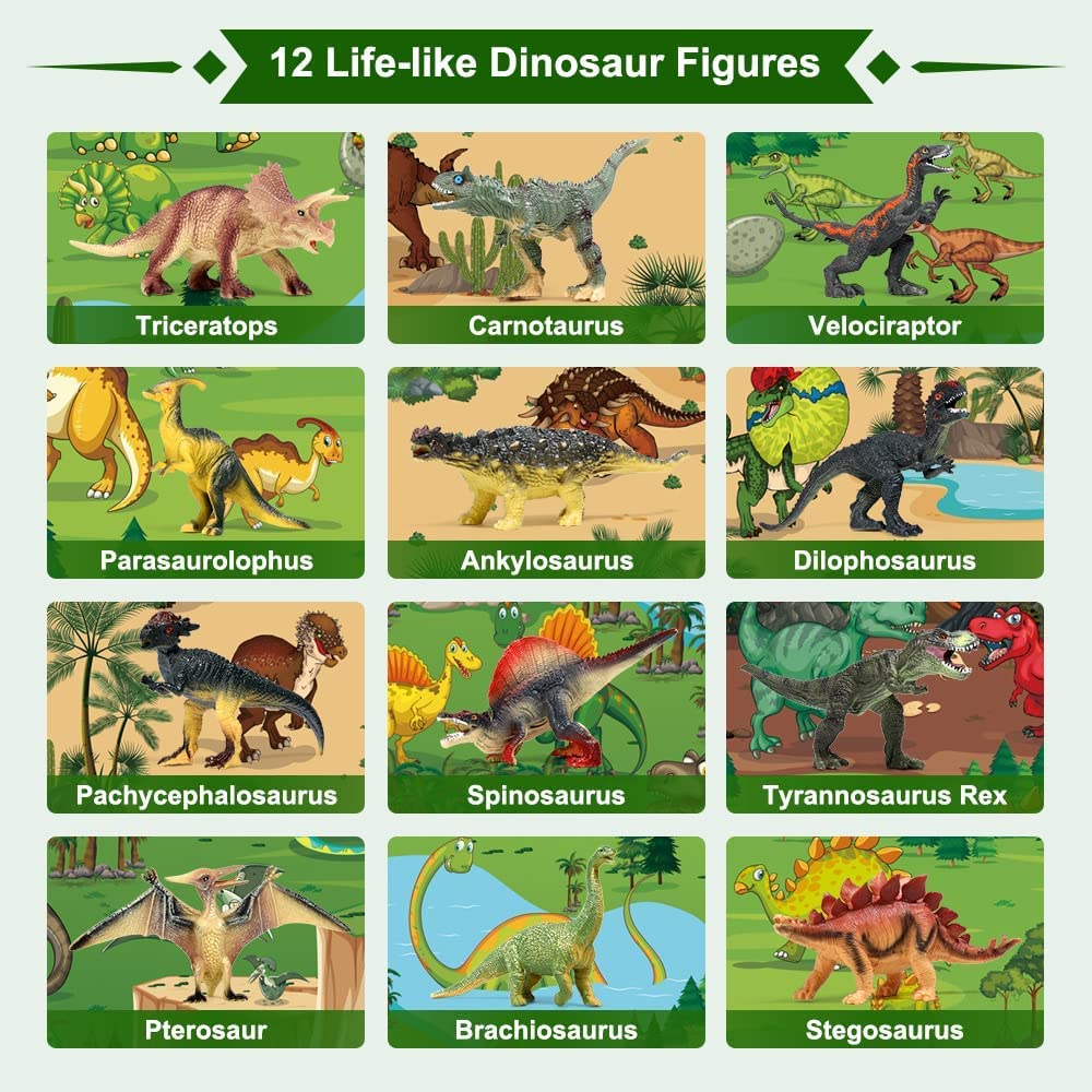 Dinosaur Toys 12 PCs Realistic Dinosaur Figures Figure Toy Storage Box with Jumbo Play Mat Information Dinosaur Book Educational Dinosaur Figure Play