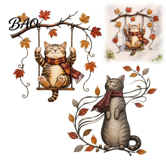Fall Seasonal Focal Points Autumn Cat Metal Wall Decor, Tin Sign Plaque, Swing Decorative Displays Art Decoration for Thanksgiving Harvest Festival,
