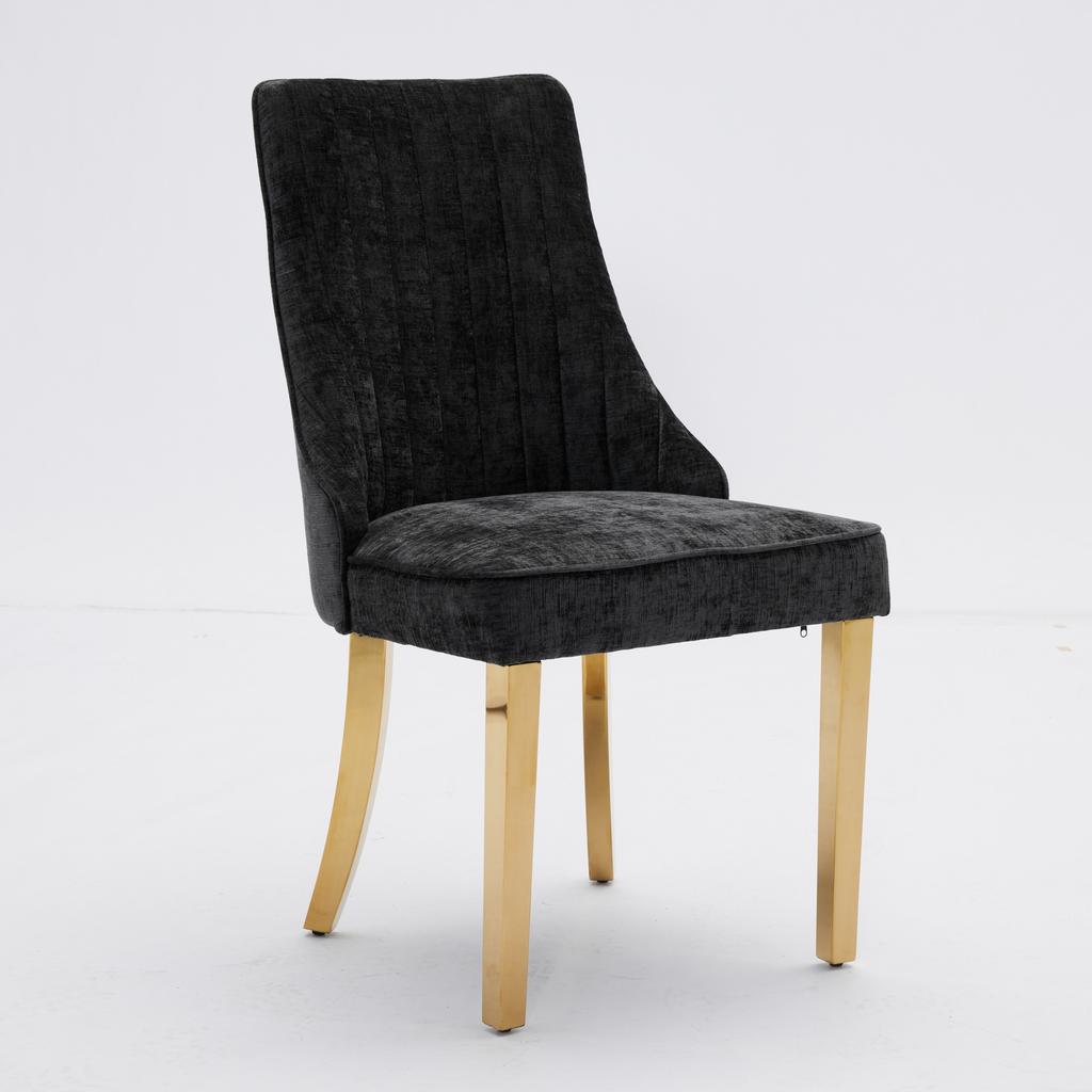Rayon Cloth Flocking Chenille Dining Chairs, Comfy Upholstered Accent Chair with Golden Stainless Steel Plating Legs, Set of 2 (Black), DE1647BK