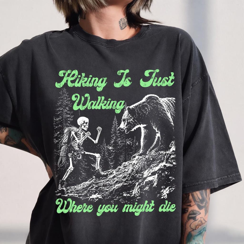Skeleton Hiking Bear Encounter Shirt and kids tshirt, Dark Humor Outdoors Adventure Tee