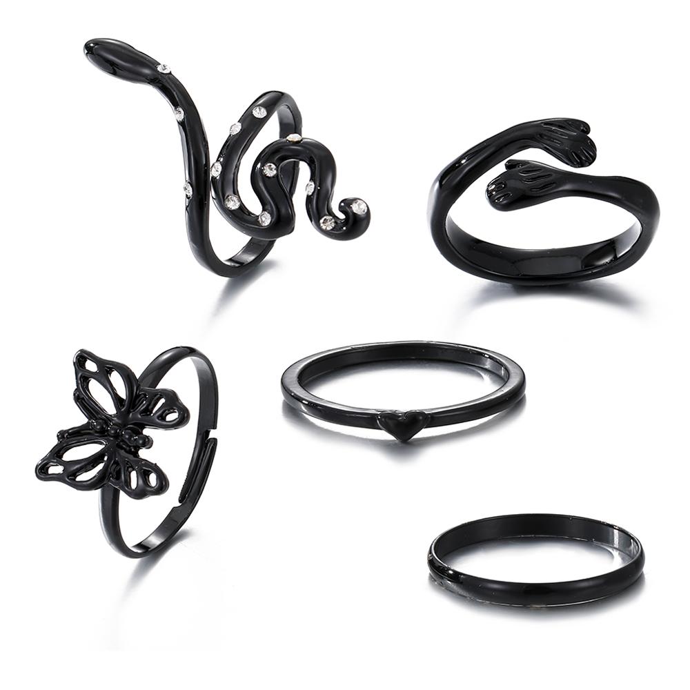 Черный темпераментный гламурный комплект колец, обнимающее открытое кольцо, кольцо с бриллиантами в виде бабочки, змеи, комплект из 5 предметов для девочек, элегантные ювелирные изделия