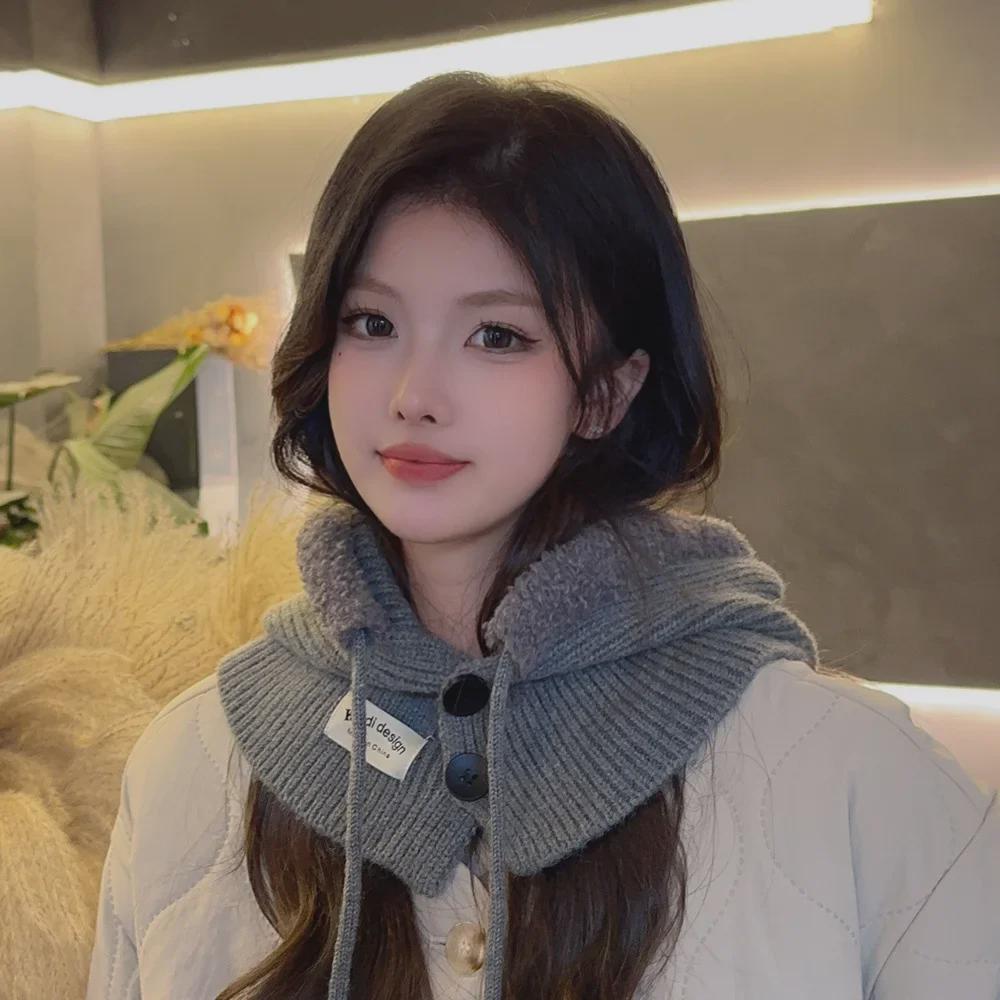 Women's Solid Color Wool Balaclava - Warm Korean Pullover Neck Protection Hat for Autumn and Winter