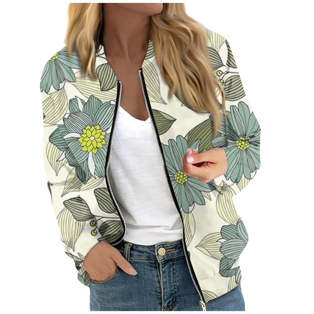 Women's Fashionable Casual Long Sleeve Floral/Leaf Print Round Neck Zipper Jacket