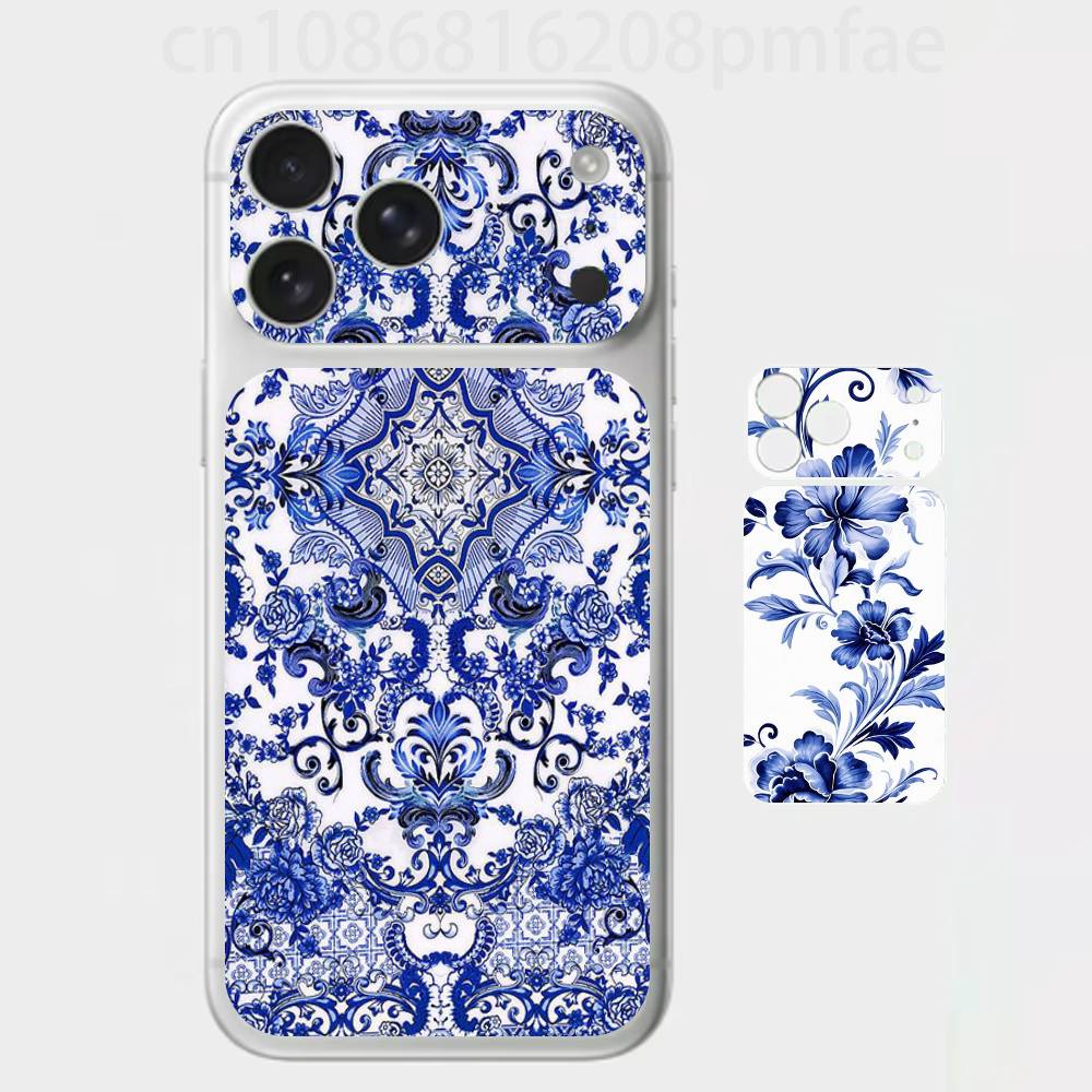 Фарфоровая сине-белая Funda Премиальная наклейка-обертка для iPhone 17 Pro/Max, Защитная декаль на заднюю рамку и камеру (Не чехол)