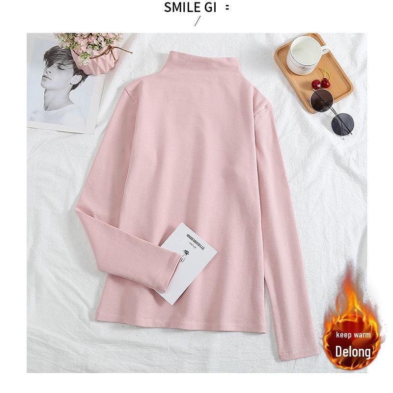 2024 Women's Korean Style Solid Color Plus Velvet Long Sleeve T-Shirt, Autumn/Winter
