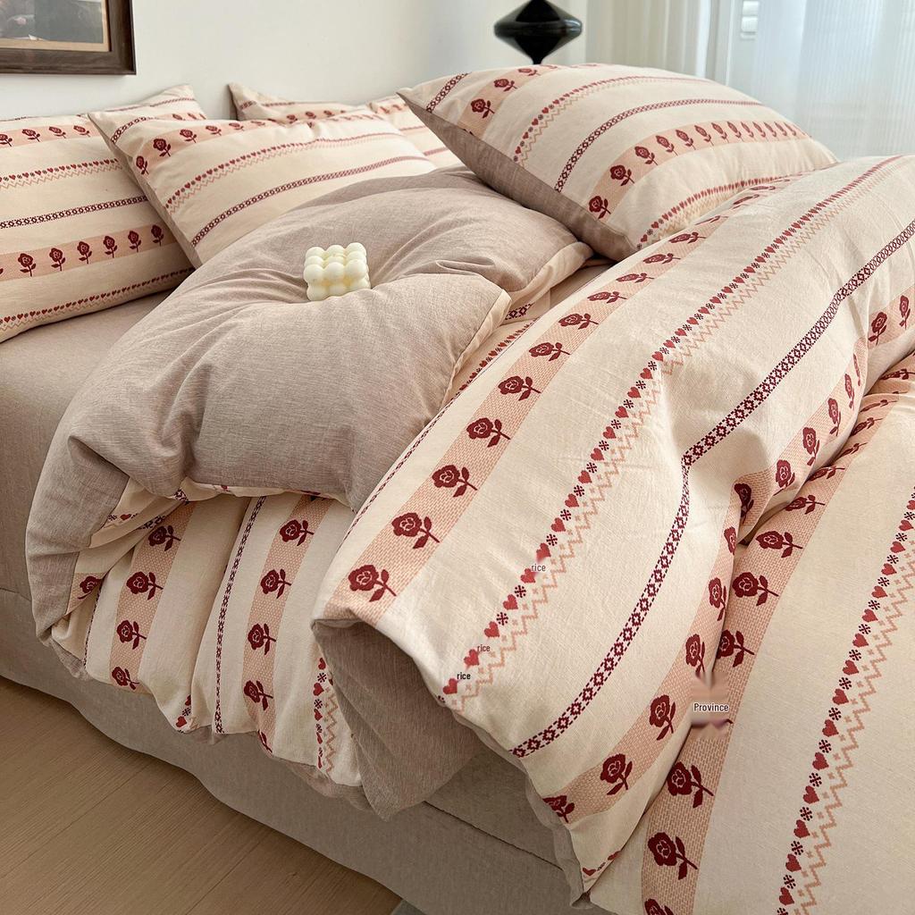Floral Washed Cotton Jacquard Bedding Set – Four-Piece Duvet Cover with Rounded Corner Bed Sheet