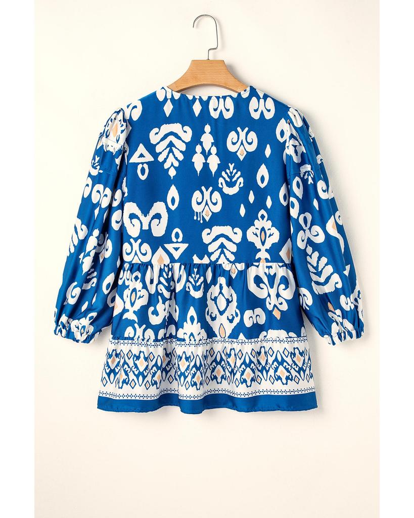 Azura Exchange Синяя блузка свободного кроя с геометрическим узором и рукавами 3/4