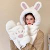 Women Hat Rabbit Ear Decor Thickened Warm 3 In 1 Hat Scarf Gloves Hiking Outings Shopping Winter Headwear
