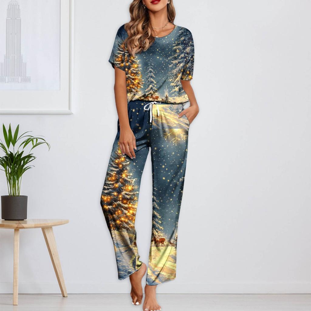 Women's Ice Silk Satin Christmas Print Pajama Set Short Sleeve Shirt And Long Pajama Pants Set Soft Home Clothes