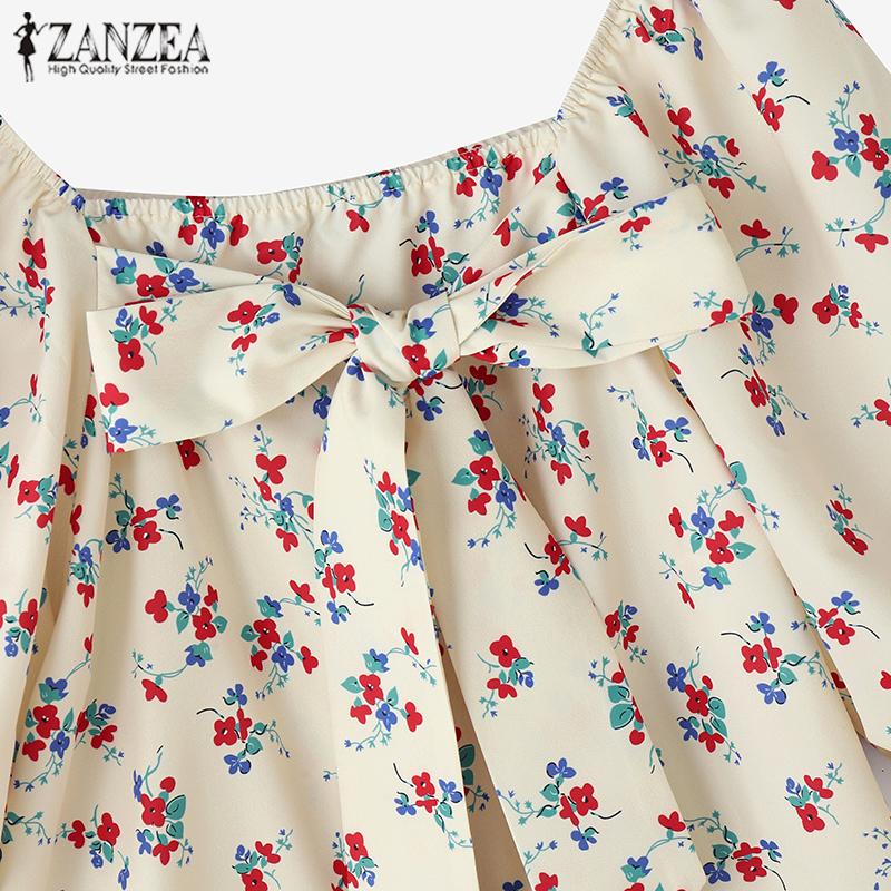 ZANZEA Женские блузки с квадратным вырезом, объемными короткими рукавами и цветочным принтом