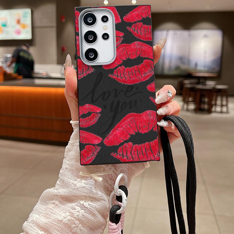 Lips Leather Print Texture Slim Matte Case For Samsung S25 Ultra S24 Fe S23 A16 A56 A55 A36 A15 A35 Crossbody Lanyard Shockproof Tpu Soft Phone Cover