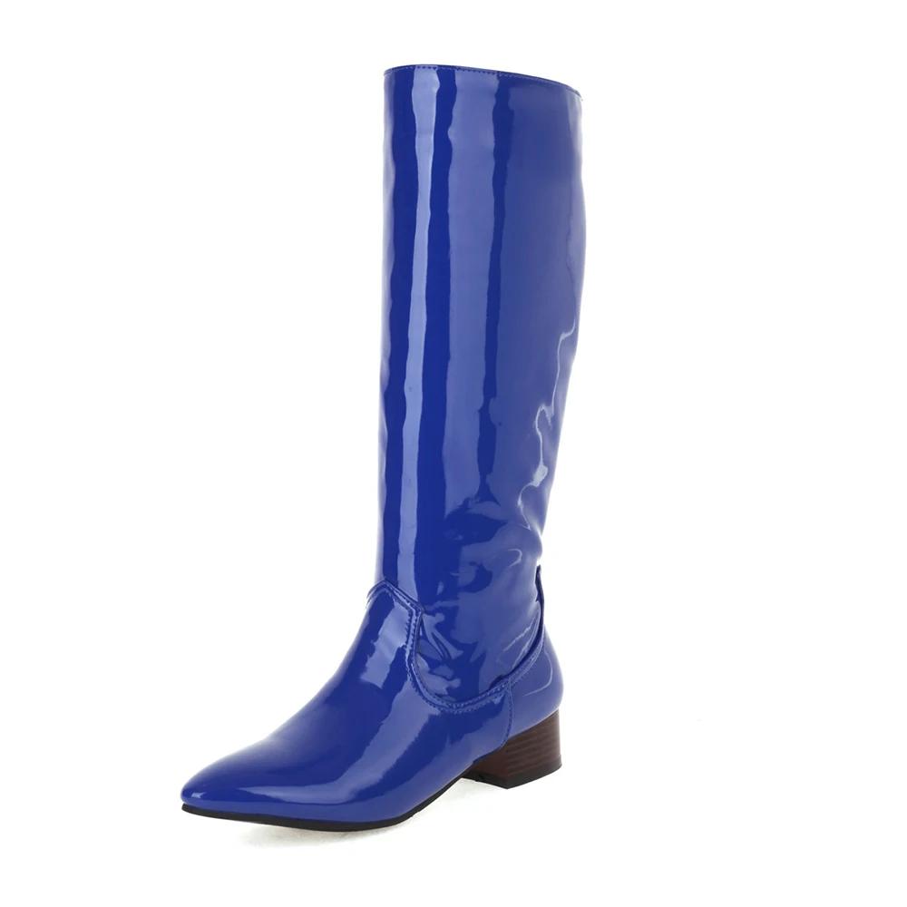 Модные осенне-зимние женские сапоги на квадратном каблуке, высокие до колена, с острым носком, из лакированной кожи, удобные на низком каблуке, для вечеринки, платья, танцев