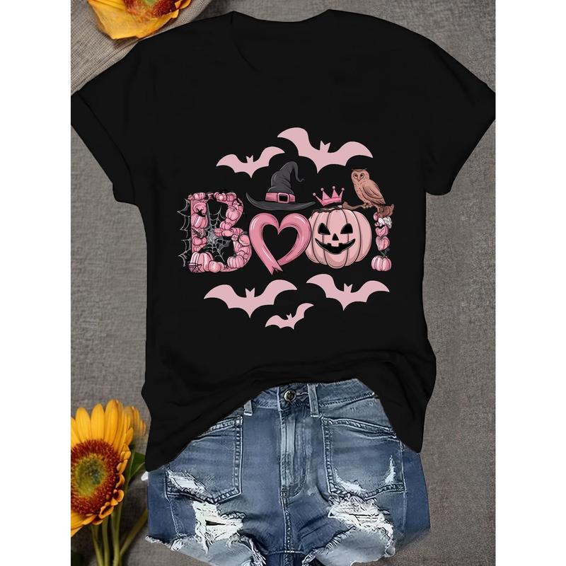 Spooky - chic unisex T-shirts for Halloween: Adorable "BOO!" Graphic with Bat and Pumpkin Elements