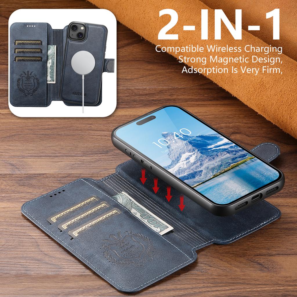 SUTENI Q-05 Чехол-кошелек для iPhone 14/13 2 в 1, съемная кожаная откидная крышка для телефона с подставкой