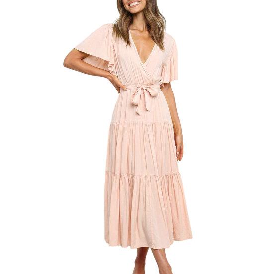 Женское летнее платье миди с v-образным вырезом и короткими рукавами, пояс с высокой талией и рюшами, однотонное платье трапециевидной формы, уличная одежда