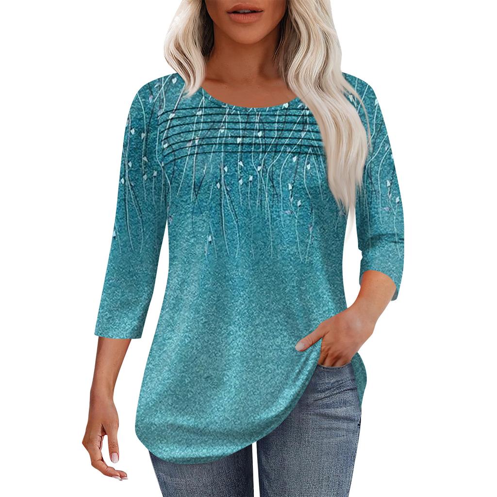 Женская мода круглый вырез горловины плиссированная передняя планка топ рукав 3/4