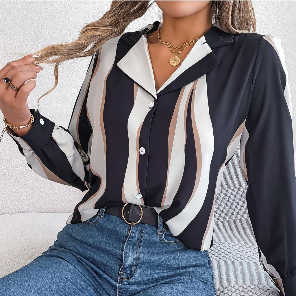 GMXIA Женский модный повседневный летний костюм с длинным рукавом, блузки с воротником и рубашки всех видов контрастных цветов и полосок