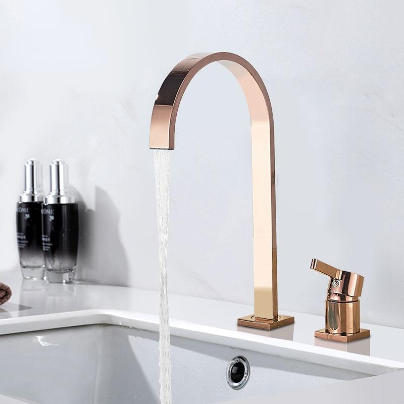 Вращающийся на 360° смеситель для раковины для ванной комнаты, смесители для горячей и холодной воды с двумя отверстиями, смеситель для водопада