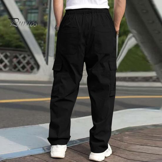 Men Cargo Pants Multi Pockets Drawstring Elastic Waist Solid Color Loose Wide Leg Straight Soft Streetwear Full Length Men Long