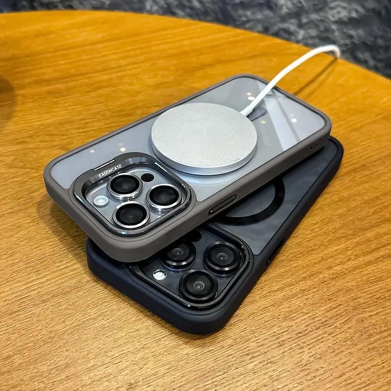 Роскошный Чехол для Телефона с Защитой Линз из Стекла, Магнитный, Для iPhone 16 17 15 14 13 12 11 Pro Max, Funda Для Magsafe, С Подставкой, Ударопрочный