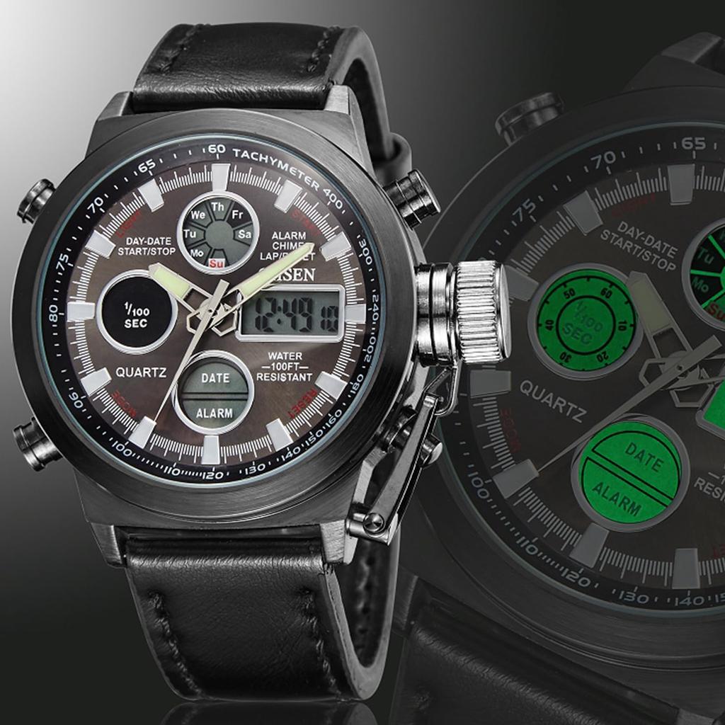 Военные тактические часы с двойным дисплеем, цифровые, светодиодные, кварцевые, водонепроницаемые, с большим кожаным ремешком, в стиле стимпанк, классные, черные, мужские часы