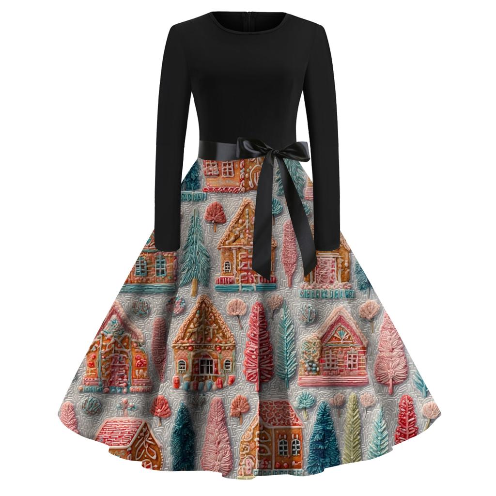Женское модное повседневное платье с круглым вырезом, рождественским принтом и длинными рукавами