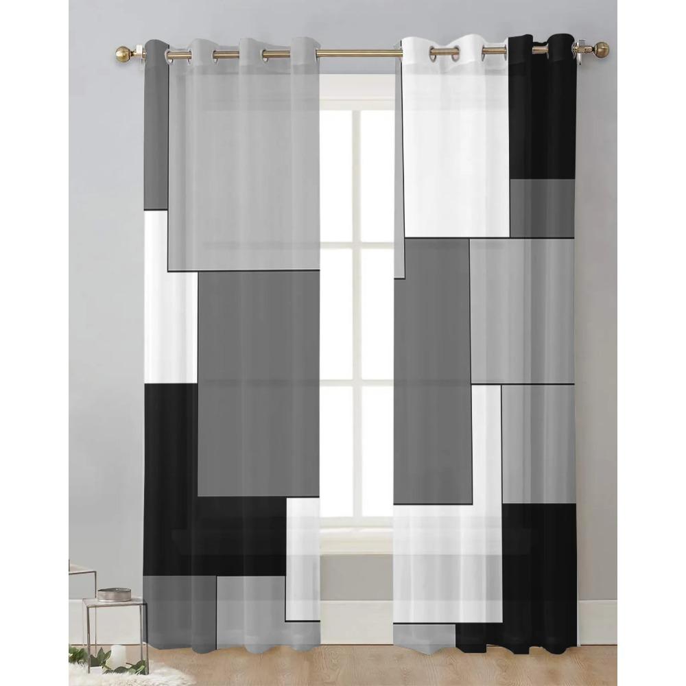Black Grey Patchwork Abstract Art Sheer Curtains for Living Room Decoration Window Curtains Kitchen Tulle Voile Organza Curtains