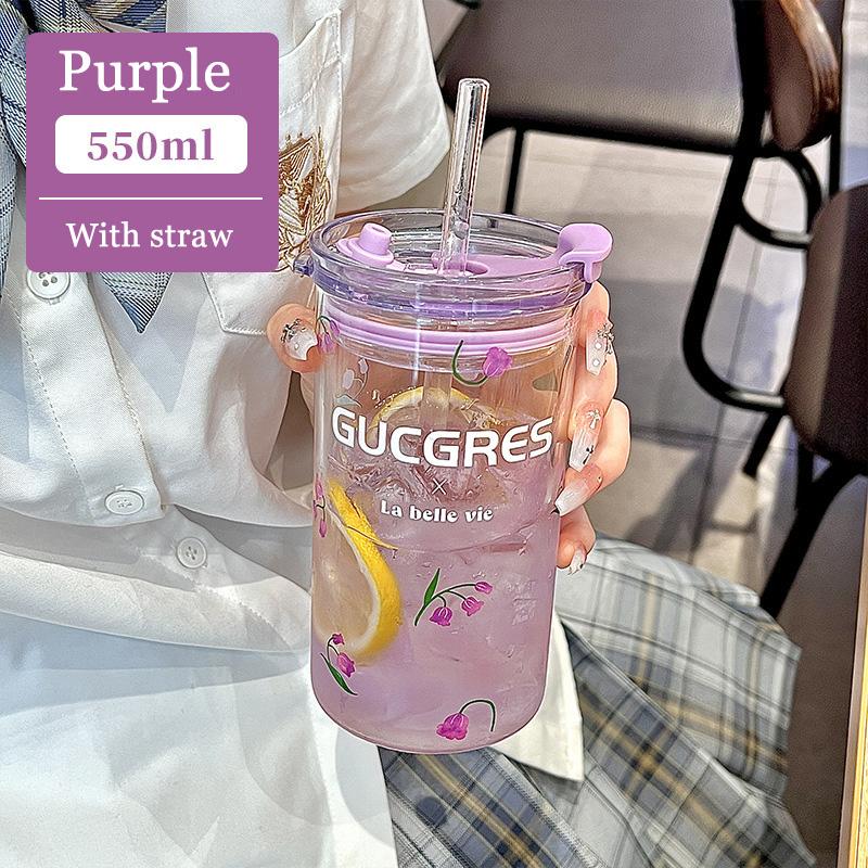 Стеклянный стакан 550 мл с рисунком Цветок, прозрачный, с крышкой и трубочкой, стакан для бабл-ти, кружка для холодного кофе, стаканы для сока, молока, воды, посуда для напитков
