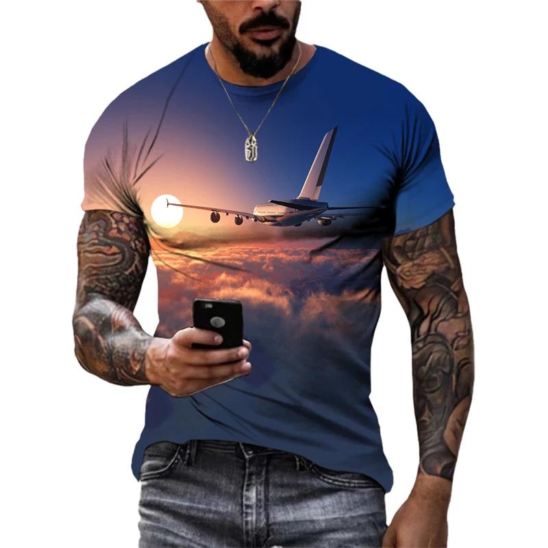 Men Summer Trend Casual Fun Round Neck Short Sleeve Fashion New 3D Printed Airplane Graphic T Shirts for Streetwear Tees Tops