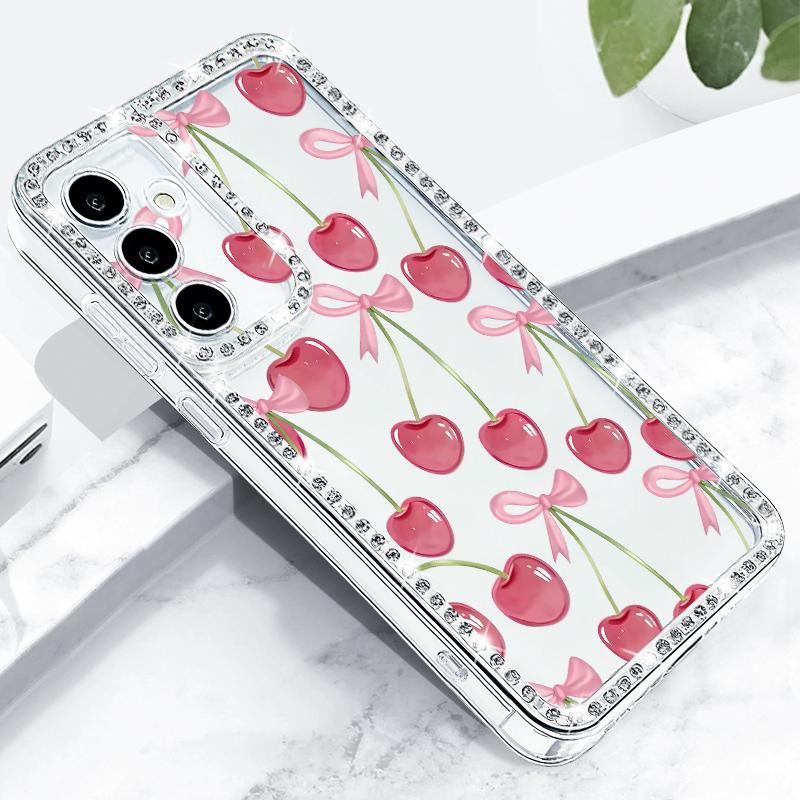 Роскошный чехол с узором из вишни и бриллиантами для Samsung Galaxy S25 Ultra S24 Plus S23 S22 S21 FE A14 A15 A16 A25 A26 A35 A36 A54 A55 A56 5G