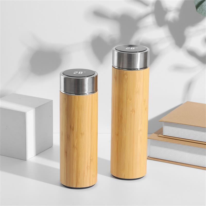 Stainless Steel Smart Vacuum Insulated Cup Bamboo Shell Wood Grain Lid Business Gift Thermos