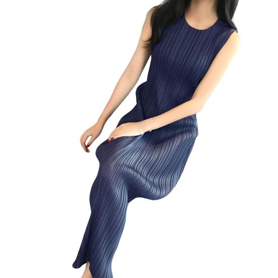 Женское платье-жилет с плиссировкой, свободный круглый вырез, однотонный, прямой, для поездок на работу