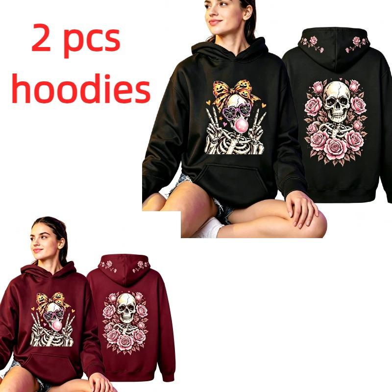 Fashion Vintage Women's Hoodie Skull Flower Printing Loose Fashion Pullover Autumn Clothing Casual Clothes Men Women Tops Sweatshirts