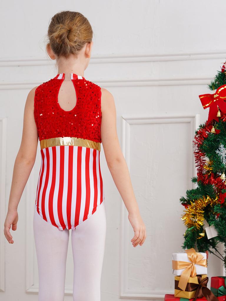 Девочки Рождественский балет Танцевальный купальник Гимнастика Фигурное катание Боди Без рукавов Карамельная трость Полосатый Sequin Комбинезон