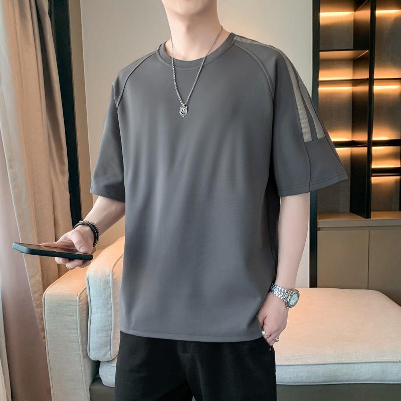 Полосатая мужская футболка с короткими рукавами, простая и свободная футболка, плечи спущены, рукава пять с половиной, размер плюс