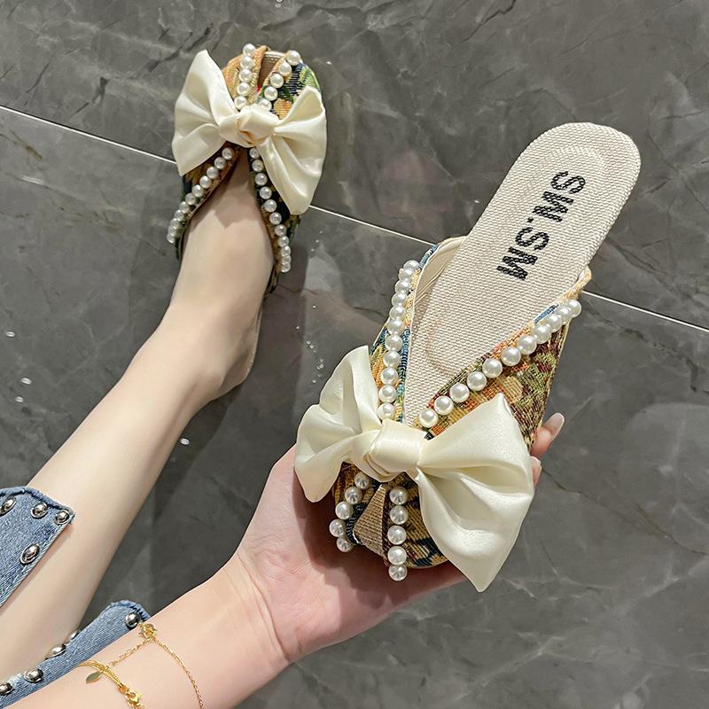 Small Floral Sandals Bag Head Half Slippers Women's Summer Wear New Year's New Bow Pearl Flat Bottom Fish Mouth Muller