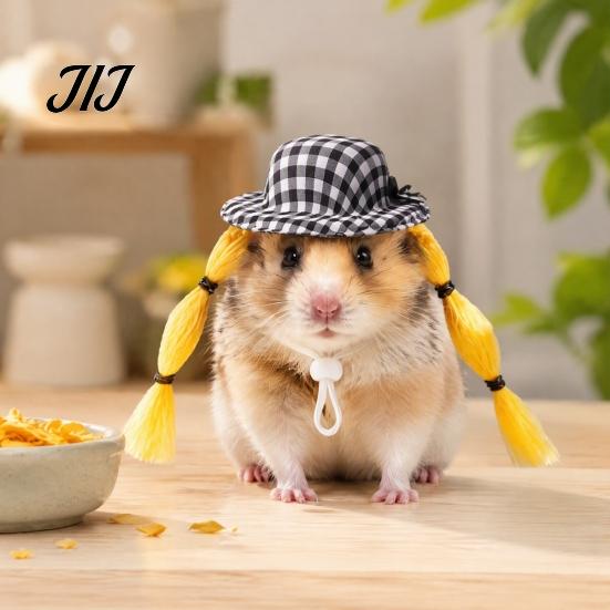 Stable Elastic Cord Pet Cap Hamster Wig Hat, Checkered Hat with Funny Braids, Cute Small Animal Video Recording Props Braid for Guinea Pigs, Hamsters,