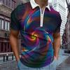 Casual Lapel T-shirt Young Men's Fashion Zipper T-shirt Short Sleeve T-shirt Men's 3D Colorful Windmill Print T Shirt