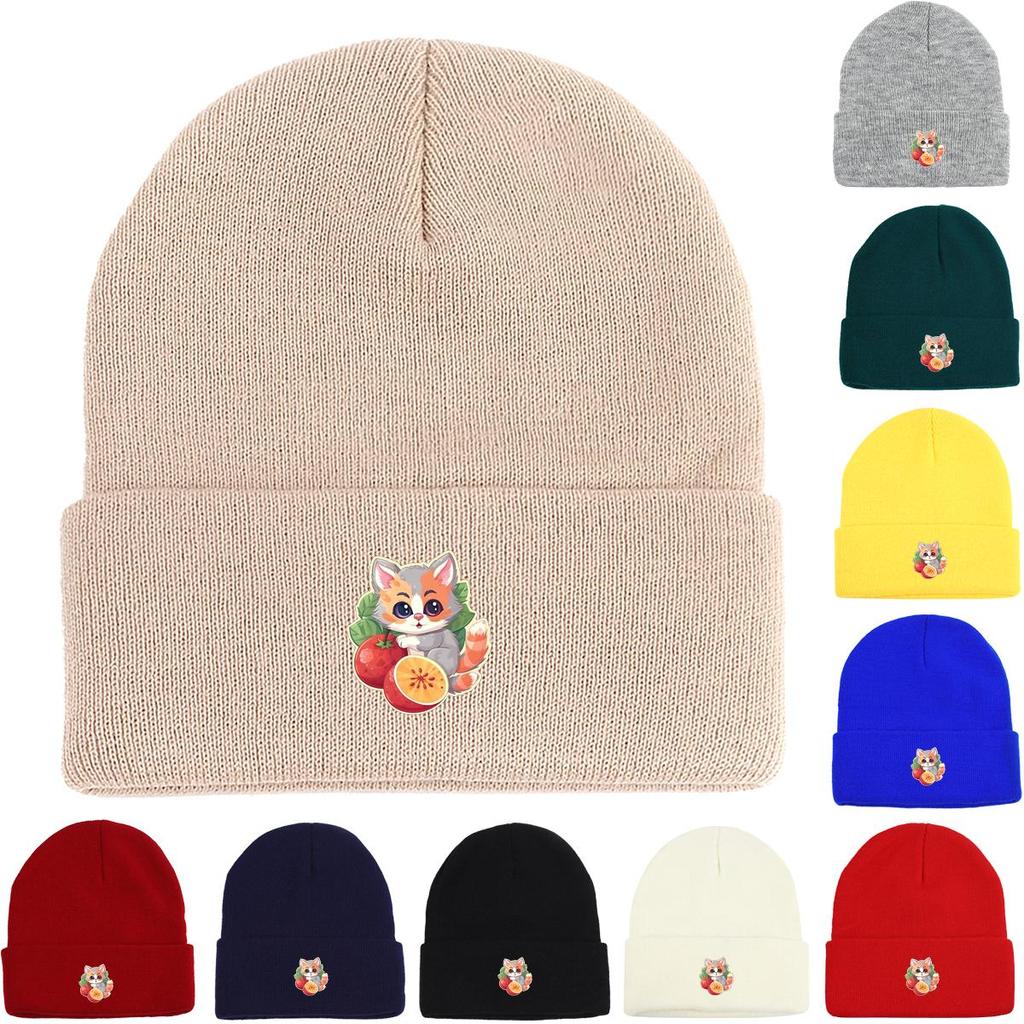 Cat Fruit Print Knitted Hat Beanie, Man Cap Elastic Candy Color Trendy Pompom Beanies Knit Cap Beanie