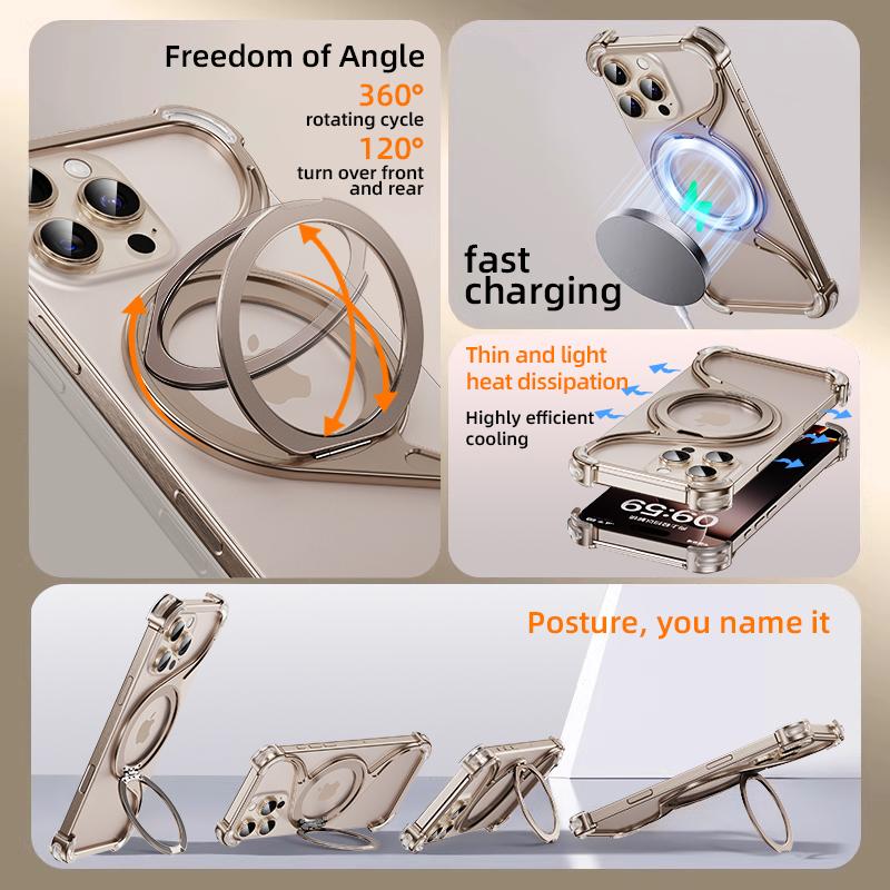 Магнитный металлический чехол для телефона iPhone 13 14 15 16 Pro Max с подставкой W-образной формы, держатель из алюминиевого сплава, безрамная охлаждающая оболочка