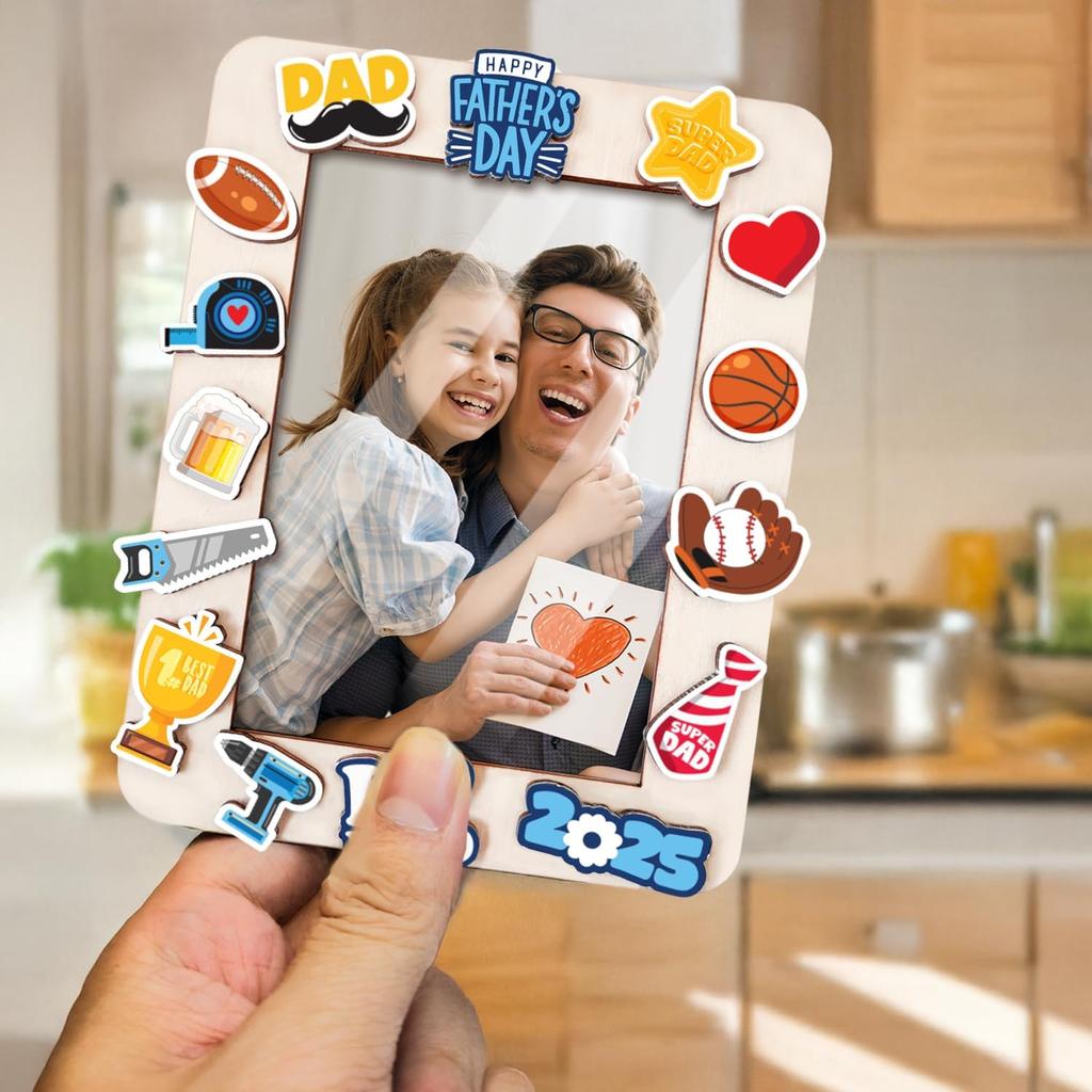 Fathers Day DIY Picture Frames Craft Kits - Unfinished Wood Frames with Wooden Charms - 4x6 Picture Frame Craft to Decorate for Kids - DIY Father's