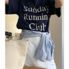 Sunday Running Club American Vintage Sports Style Navy Blue Letters Print Cotton Short Sleeve T-shirt Women