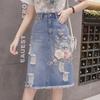 Summer 2025 Korean Loose Mid-Length Floral Applique Denim Midi Skirt for Women