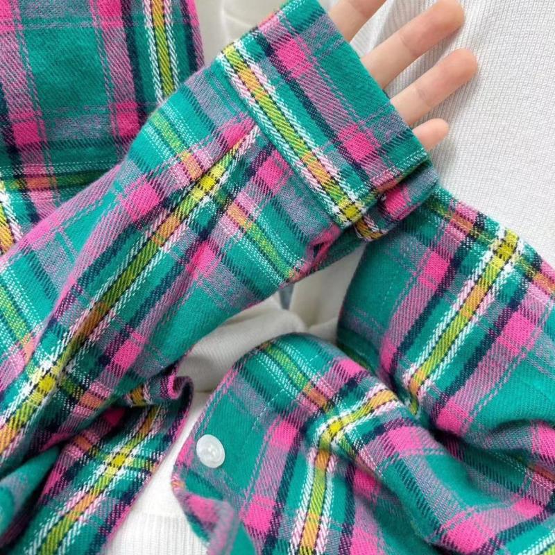 Весенне-осенняя женская рубашка с воротником поло, свободная повседневная клетчатая блуза, большой кардиган, женская блузка в корейском стиле