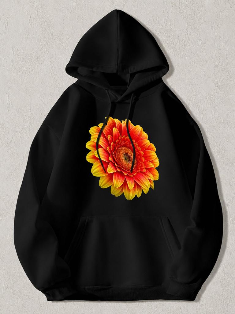 Black Pullover Hoodie with Vibrant Orange And Yellow Gerbera Daisy Print Casual Long Sleeve Sweatshirt with Kangaroo Pocket for Da