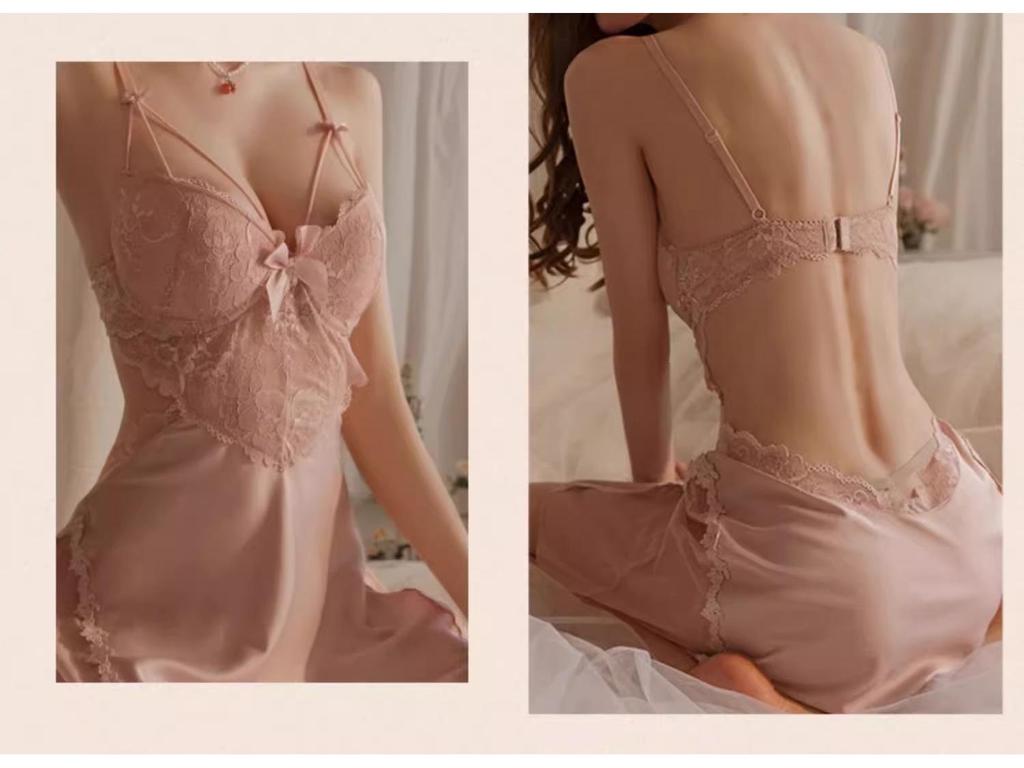 Exquisite Ice Silk Lace Nightgown - Enhances Bust with Pads, Elegant Spaghetti Straps, Perfect for Date Nights