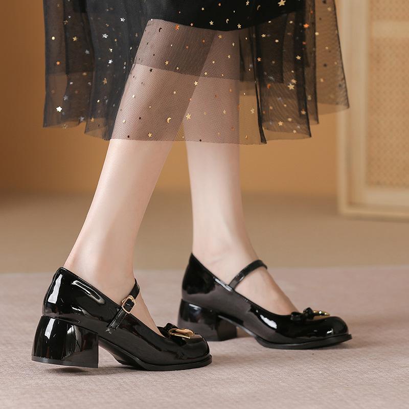 2025 весна новый ретро бант нежный ветер мелкий вырез толстый средний каблук туфли Мэри Джейн кожа дышащие одинарные туфли женские