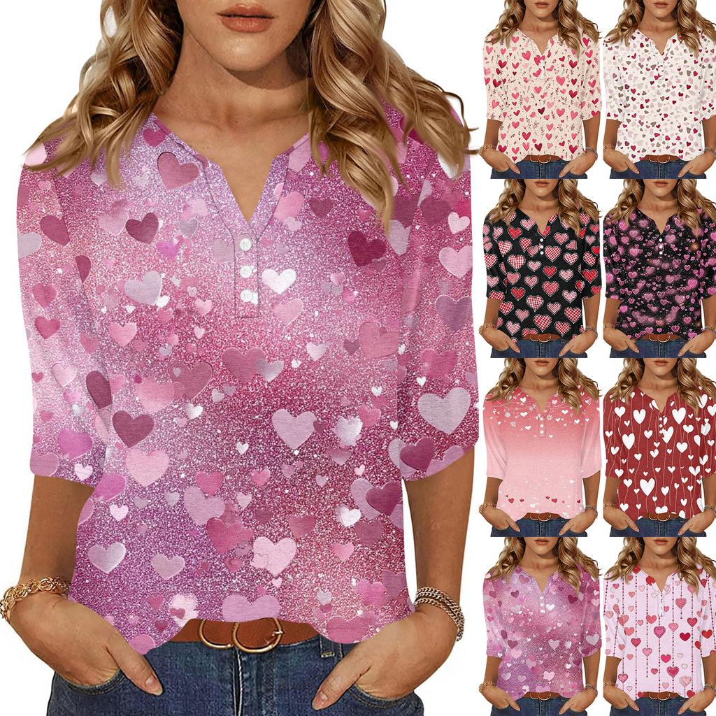 Жен. Футболка С принтом Пуговицы Рукав 3/4 Повседневные Выходные Мода Классический Классический V-образный вырез Обычный Верх